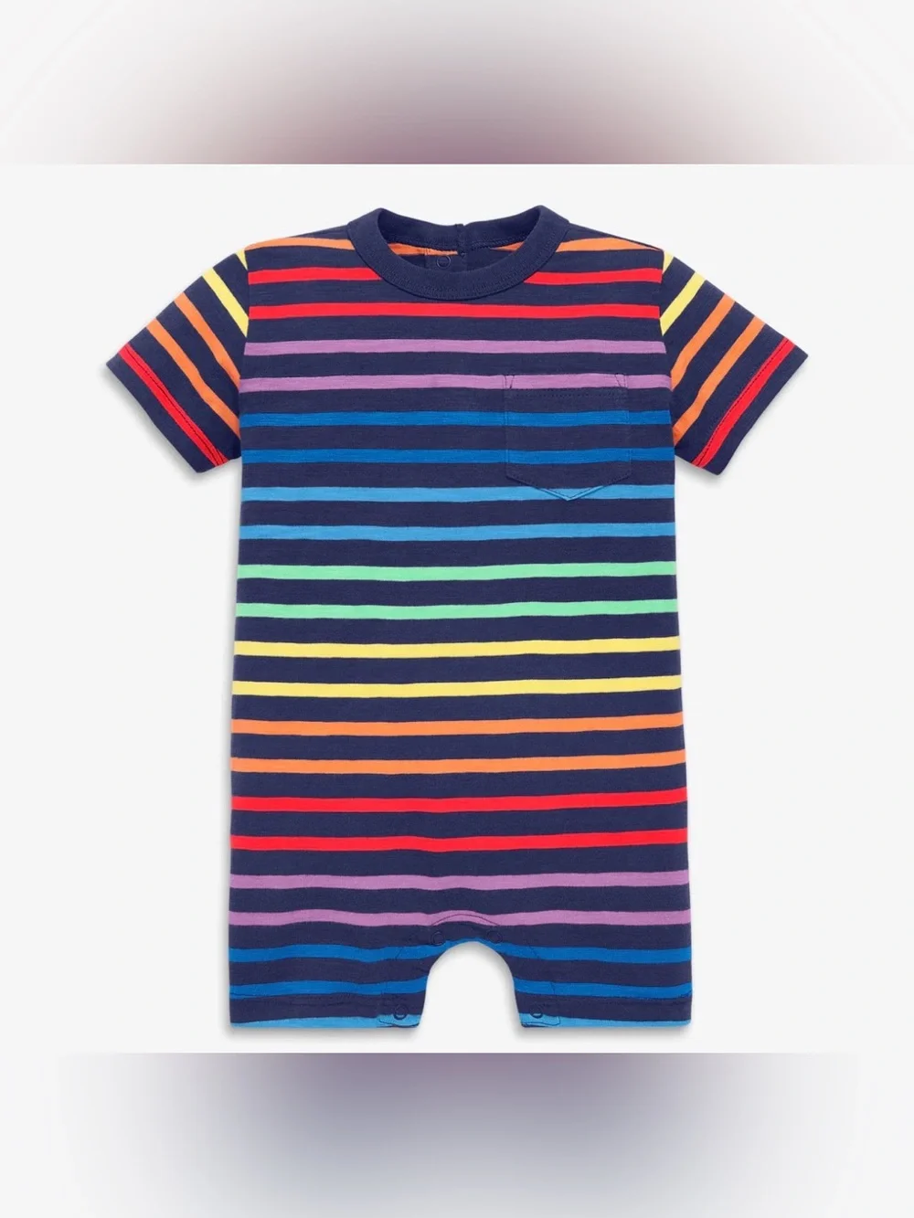 Primary | 12-18 months, Navy Rainbow Stripe Short Romper